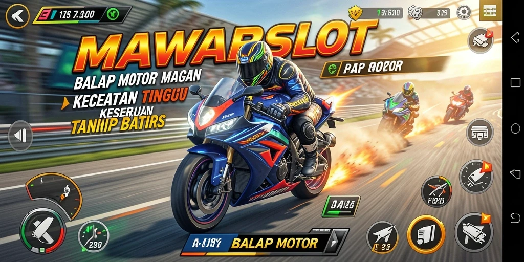 Tampilan antarmuka balapan motor yang menarik dan dinamis.